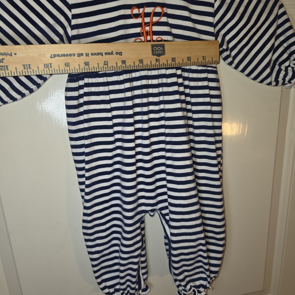 Emma Blake Smocks Size 9 Mo Blue & White Striped Romper, Orange Embroidered "H" - Picture 6 of 10